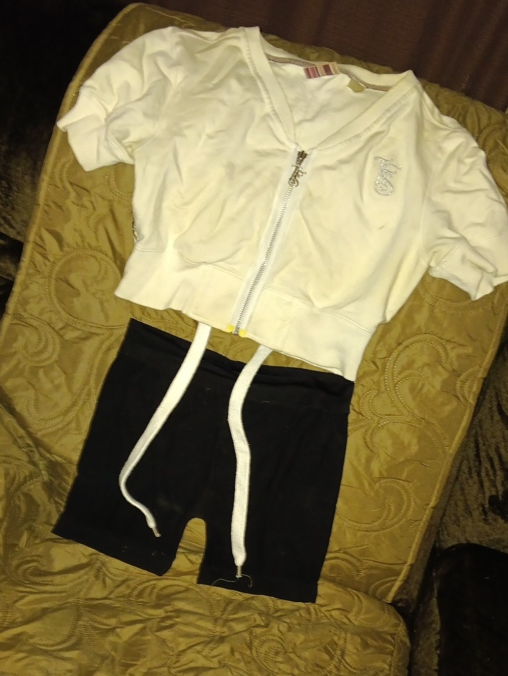 White Zip Cropped Hoodie with Black Drawstring waist & black shorts